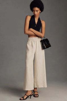 The Somerset Pull-On Pants | Anthropologie Chic Pull-on Style Bottoms For Daywear, Chic Summer Pull-on Style Pants, Elegant Bottoms With Gathered Waist For Daywear, Wide Leg Pleated Waist Pants For Summer, Wide Leg Pants With Pleated Waist For Summer, Summer Trousers With Pleated Waist, Chic Spring Waist-length Bottoms, Elegant Beach Bottoms With Elastic Waistband, Summer Wide-leg Pants With Pleated Waist