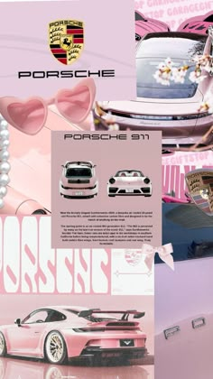 an advertisement for the porsche brand with pink cars and pearls on it's side