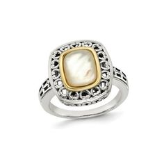 This ring is beautifully enhanced with a smooth Mother of pearl square bezel set in a stunning blend of sterling silver and 14 karat yellow gold highlight. This vintage style ring is both affordable and fashionable. White Mother of Pearl Ring in Sterling Silver with 14K Gold Accents Size: 8.  Gender: female.  Age Group: adult. Classic Mother Of Pearl Ring For Formal Occasions, Elegant Round Mother Of Pearl Ring, Classic Mother Of Pearl Rings, Sterling Silver Pearl Ring With Cabochon For Gift, White Polished Mother Of Pearl Rings, Gold Highlight, Mother Of Pearl Ring, Vintage Style Rings, Gold Highlights