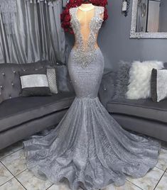 Prom Dress For Dark Skin Black Women, Grey Sweet 16 Dresses, Mermaid Blue Prom Dress, Silver Blue Prom Dress, Prom Dresses On Black Girls, Sliver Prom Dresses Black Couple, Prom Dresses Black People, Euphoria Prom Dress, Silver And Black Prom Dress