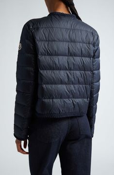 Snap-flap patch pockets and channel quilting bring heritage Moncler panache to this down-filled jacket designed to transcend seasons and trends. Two-way front-zip closure Stand collar with snap closure Elastic cuffs Front snap-flap patch pockets Lined, with down fill 100% polyamide Dry clean Imported Designer Clothing Fabric Gift Bags, Blue Silk, Jacket Design, Fabric Gifts, Free Fabric, Stand Collar, Down Jacket, Snap Closure, Patch Pocket