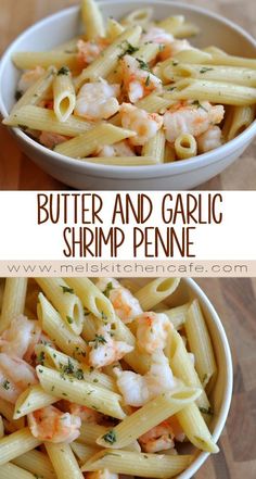 two bowls filled with shrimp and garlic pasta