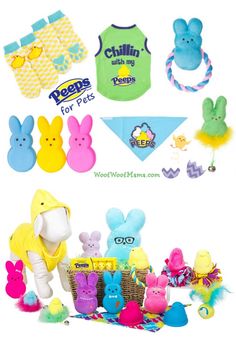 various easter items are displayed on a white background with the words peeps for pets