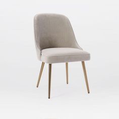 an upholstered chair with wooden legs and a light colored fabric seat, viewed from the front