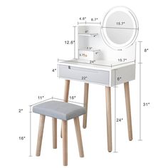 an image of a vanity and stool with measurements for the top part of the table