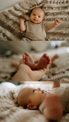 a baby laying on top of a bed under a blanket