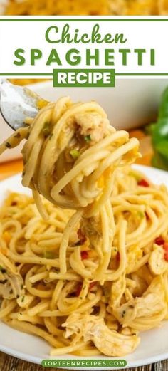 chicken spaghetti is being lifted from a white plate with the title text above it that reads chicken spaghetti recipe