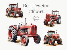 the red tractor clipart is shown in four different views