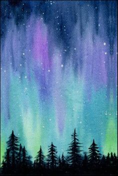 an aurora bore painting with trees and stars in the night sky, watercolor on paper