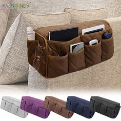 multi pockets hanging on the back of a couch with cell phones in it and other items inside