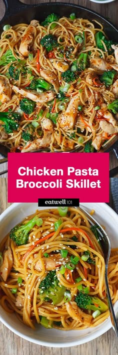 chicken pasta with broccoli and carrots in a skillet on a wooden table