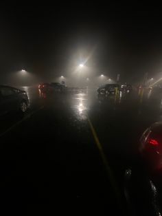 cars driving on a foggy road at night