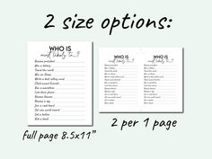 two size options for the printable baby shower game, which includes 2 per 1 page