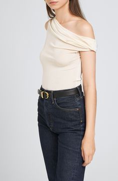 Designed in a sweet shoulder-baring silhouette, this stretchy and versatile jersey bodysuit is the perfect piece to start off your next OOTD. Snap closure One-shoulder neck Short sleeves 95% polyester, 5% elastane Hand wash, dry flat Imported Chic Stretch Off-shoulder Bodysuit, Chanel Loafers, Fabric Gift Bags, Nordstrom Store, Fabric Gifts, Free Fabric, Snap Closure, One Shoulder, To Start