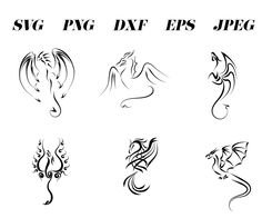 six different styles of dragon tattoos in black and white, with the words svg png