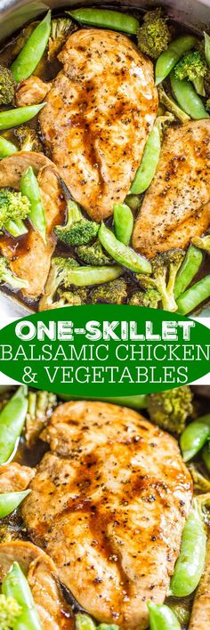 one - skillet balsamic chicken and veggies with text overlay