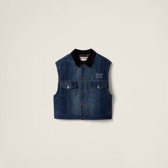 Navy Denim Trucker Vest | Miu Miu Miumiu Dress, Miu Miu Denim, Nfc Tag, Velvet Vest, Denim Vests, Digital Certificate, Velvet Collar, Denim Trucker Jacket, Embellished Denim