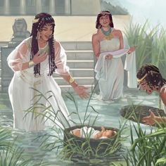 three women in white dresses are washing their hands and feet in the water while another woman looks on