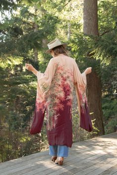 "GORGEOUS vintage silk kimono robe! Pale pink, mauve, purple + green bamboo print. Floral interior.  This Japanese kimono is fully lined.  Hidden snap button closure. So stunning!  Condition: In good / OK vintage condition, there are some light stains and a couple missing stitches at the collar - easy to sew up.  Measurements:  Can fit an array of sizes  Bust: 51\" Waist: 53\" Overall Length: 52\"  All measurements are taken flat and then doubled when appropriate. Please let us know if you have Pink Floral Print Open Front Kimono, Long Pink Summer Outerwear, Pink Long Summer Outerwear, Pink Silk Kimono For Spring, Pink Floral Print Kimono For Festival, Pink Kimono For Spring Festival, Pink Spring Festival Kimono, Long Pink Beach Outerwear, Long Pink Bohemian Outerwear