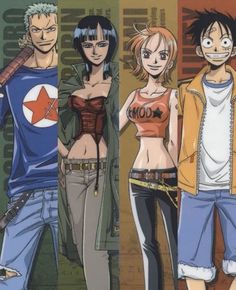 three anime characters standing next to each other