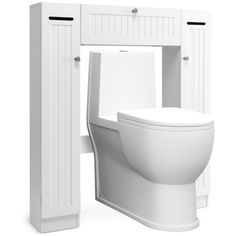 a white toilet sitting next to a tall cabinet with doors on it's sides