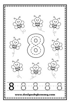 the number eight is for bees to color and write it's numbers 8 - 9