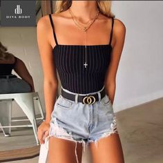 New Pinstriped Bodysuit Size Medium Black With White Pinstripes 95% Polyester 5% Spandex Adjustable Straps Measurements Are Shown In The Photos Cute Tops For School, Tops For School, Crop Top Outfits Summer, Slim Bodysuit, Bodycon Bodysuit, Trendy Summer Outfits, Crop Top Outfits, Mode Inspo, Cute Summer Outfits