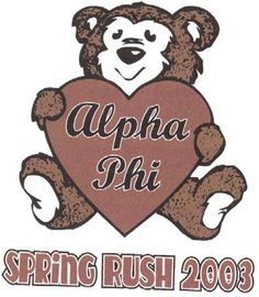 a bear holding a heart with the words, alphia phi spring rush 2009