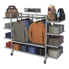 a rack with luggage and clothing on it