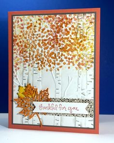 a handmade card with an autumn tree on it and the words, thank you