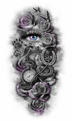 an artistic tattoo design with roses and a clock on it's side, the eye is