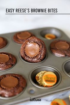 chocolate cupcakes in a muffin tin with the words easy reese's brownie bites