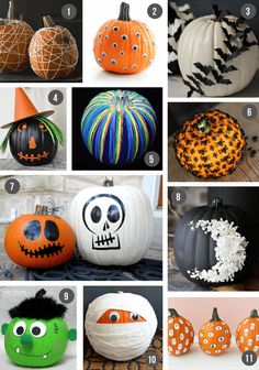 pumpkins decorated with different designs and colors are featured in this collage for halloween