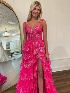 Hot Pink Lace Floral Long Prom Dresses with High Split #prom #promdresses #lacedresses #pinkdress #formaldresses #eveningdress Tiered Prom Dress, Hot Pink Floral, Corset Dress Prom, Lace Layers, Tonga, Prom Dresses Lace, Formal Dresses Prom, Zambia, Long Prom Dress