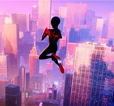 a spider - man leaps into the air over a cityscape with skyscrapers in the background