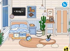 a cartoon bedroom with plants and pictures on the wall