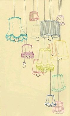 a drawing of lamps hanging from the ceiling with different colors and shapes on them,