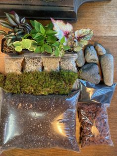 some rocks and plants are sitting on the table next to a bag of dirt, gravel, and stones