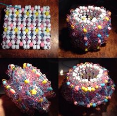 four different pictures of beaded bracelets on a table