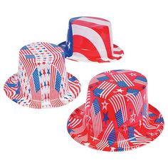 three patriotic hats with stars and stripes on them