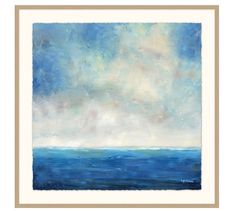 an abstract painting with blue water and white clouds in the sky, framed on canvas