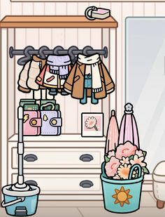 a cartoon closet with clothes hanging on the rack