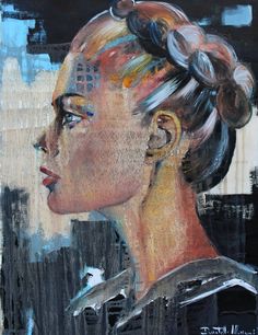 a painting of a woman's face with hair in buns