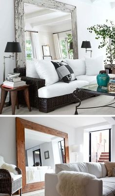 two pictures of a living room with white furniture and large mirrors on the wall above them