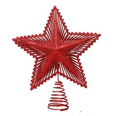 a red christmas ornament hanging from a wire on a white background, with the shape of a star in the center