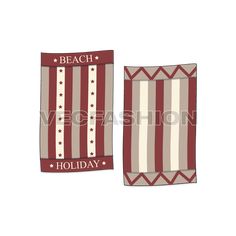 two red and white striped towels with the words beach holiday on them