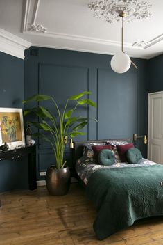 a bed room with a neatly made bed and a plant