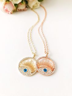 "Evil eye necklace, evil eye jewelry, zirconia necklace, greek evil eye necklace, turkish evil eye, greek evil eye, rose gold necklace This evil eye necklace is totally handmade. 🌟Please choose color during checkout; - Rose gold - Gold 🌟SIZE: Total lenght: 56cm Charm size: 30mm These Greek evil eye necklace can be made in rose or gold ------------------------------ SHIPPING POLICY DETAILS: Processing Times: Once payment is confirmed, the package is prepared within 3-5 business days & shipp Rose Gold Eye Makeup, Ceramic Beads Bracelet, Necklace Evil Eye, Turkish Evil Eye, Zirconia Necklace