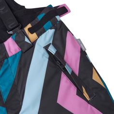 a close up of a colorful jacket on a white background with clippings to the side