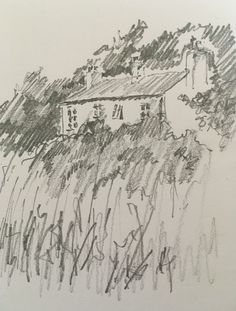 a pencil drawing of a house on a hill with trees and grass in the foreground